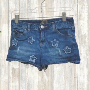 Justice dark blue wash distressed jeans shorts girl size 16 stars pattern